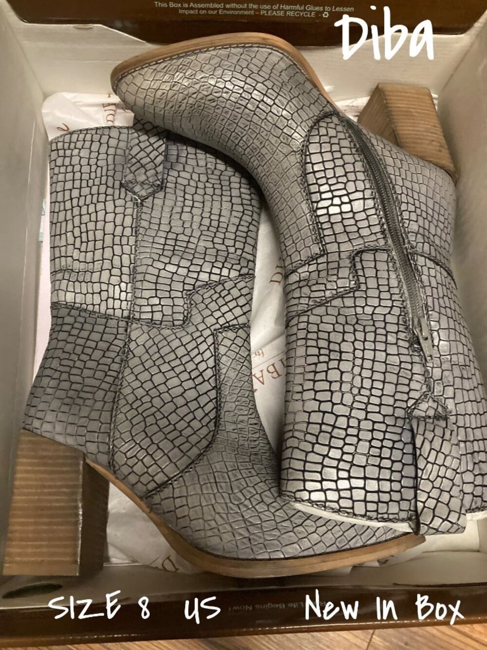 Diba True Leather Mid Calf Western Boots - Croc Embossed, Size 8 US, New In Box